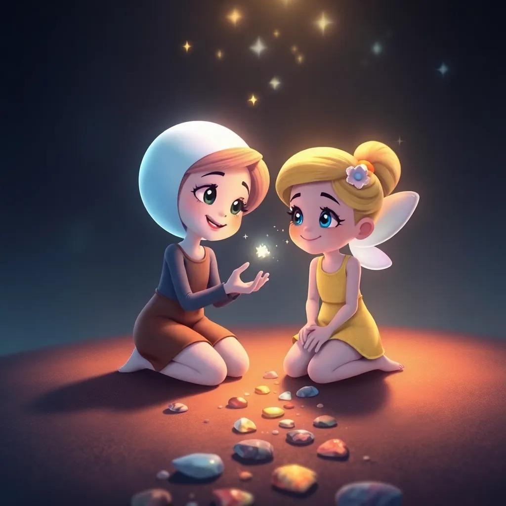 Luna kneeling beside Twinkle, gathering shiny pebbles and dewdrops, a magical path forming before them, twinkling stars above, friendly and inviting atmosphere, warm colors
