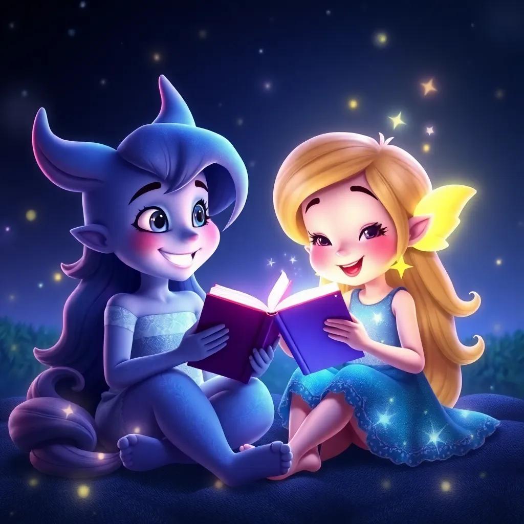 Luna and Twinkle sharing stories, with Luna smiling and Twinkle glowing brightly, surrounded by magical glow of friendship, joyful scene, vibrant colors, fantasy