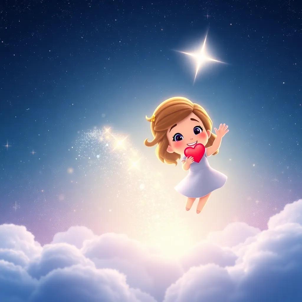 Twinkle floating away, surrounded by sparkling dust, Luna waving goodbye with a heart full of hope, starry sky above, ethereal and uplifting view, bright and shiny