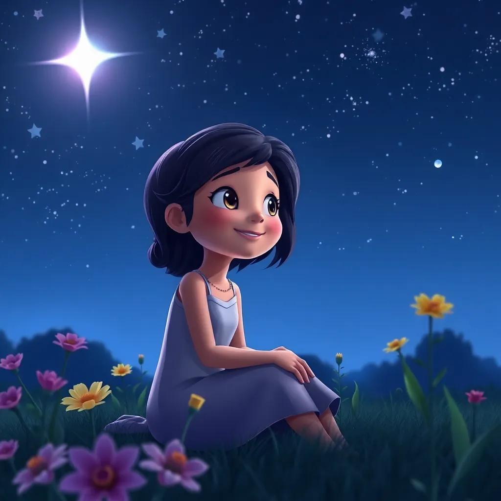 Luna sitting in her garden, watching the night sky, with a twinkling star that resembles Twinkle shining brightly, her face reflecting happiness, peaceful scene, rich colors