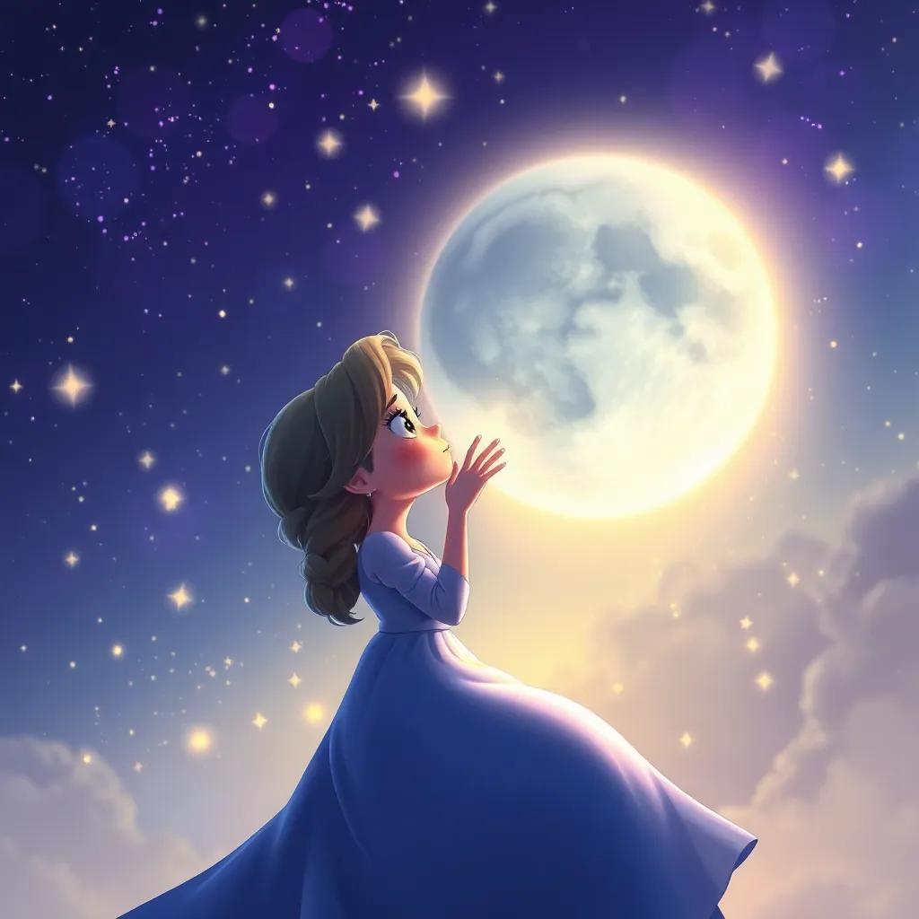 Luna whispering to the sky, surrounded by a glowing night, stars twinkling just for her, an atmosphere of belief and friendship, dreamlike, vibrant and magical