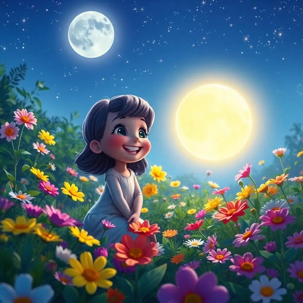Luna giggling under the starlit sky, the garden alive with blooms and colors, every flower shining as bright as Twinkle, joyful scene, lively and enchanting