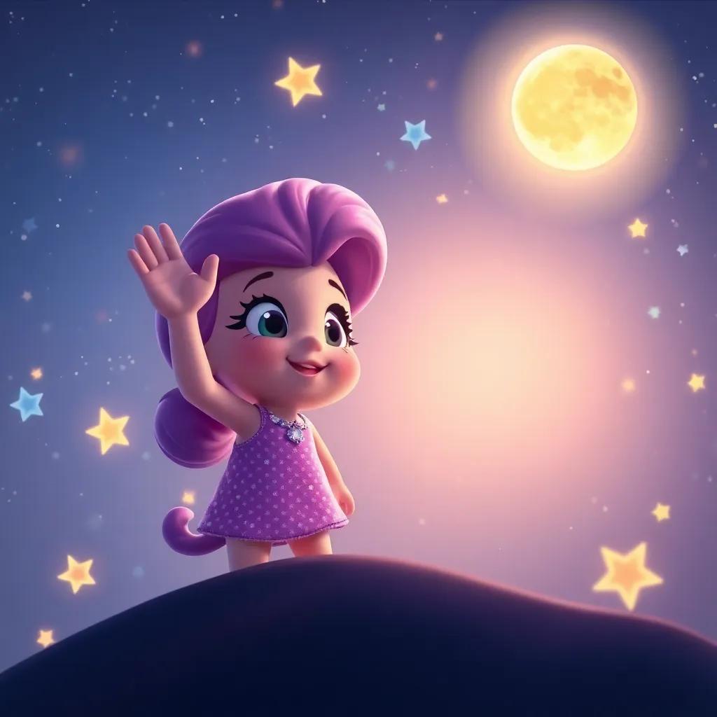 A close-up of Twinkle waving at Luna from the sky, surrounded by other stars, projecting a warm light, perfect view, heartwarming and lovely