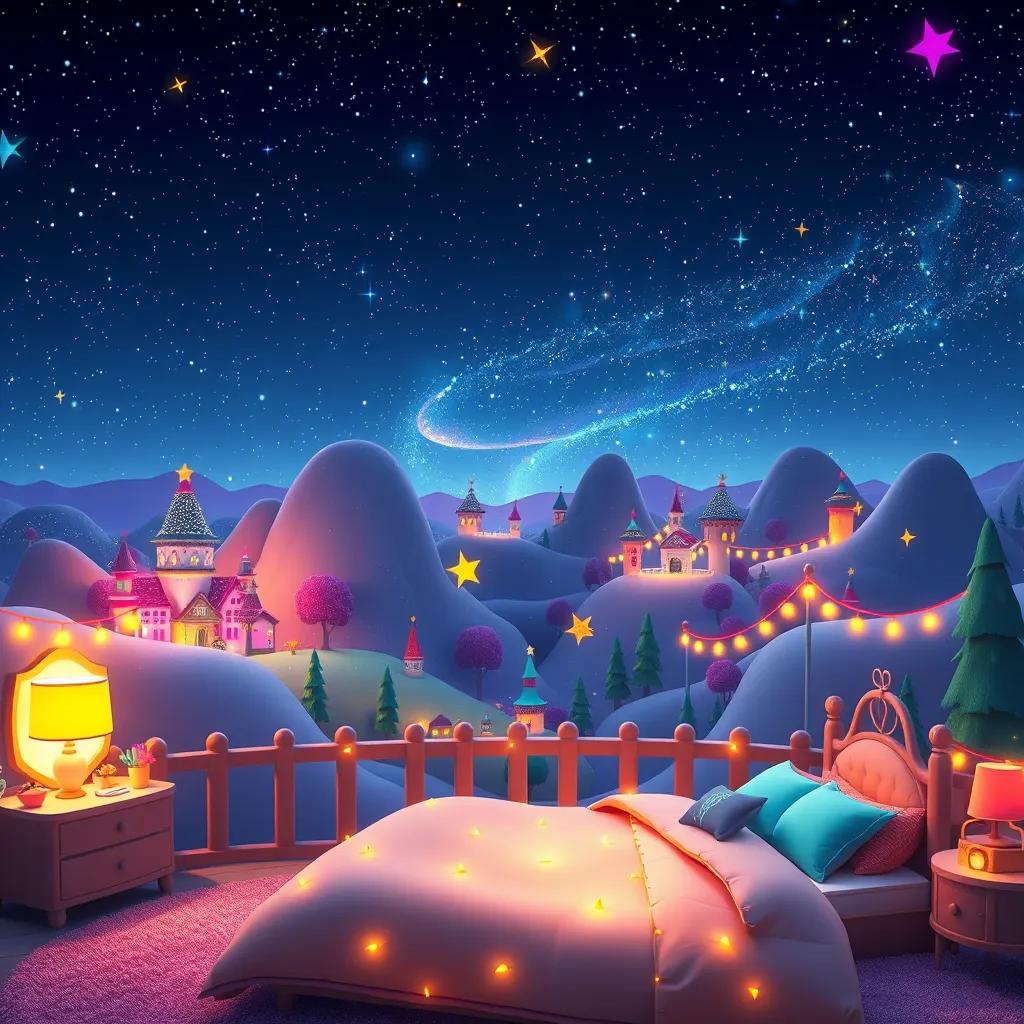 A magical land of Starville at night, with a sky full of sparkling stars, a cozy bedroom with star maps and glowing fairy lights, digital art, bright colors, cheerful atmosphere, enchanting view, high quality
