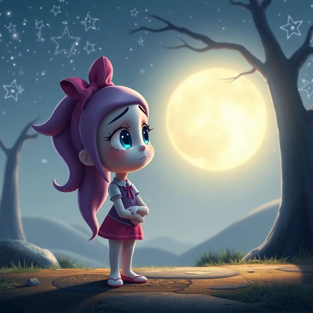 A bright morning in Starville, with Luna looking confused as she discovers a missing star on her star map, the sky appearing dimmer, digital art, soft colors, thoughtful expression, high quality