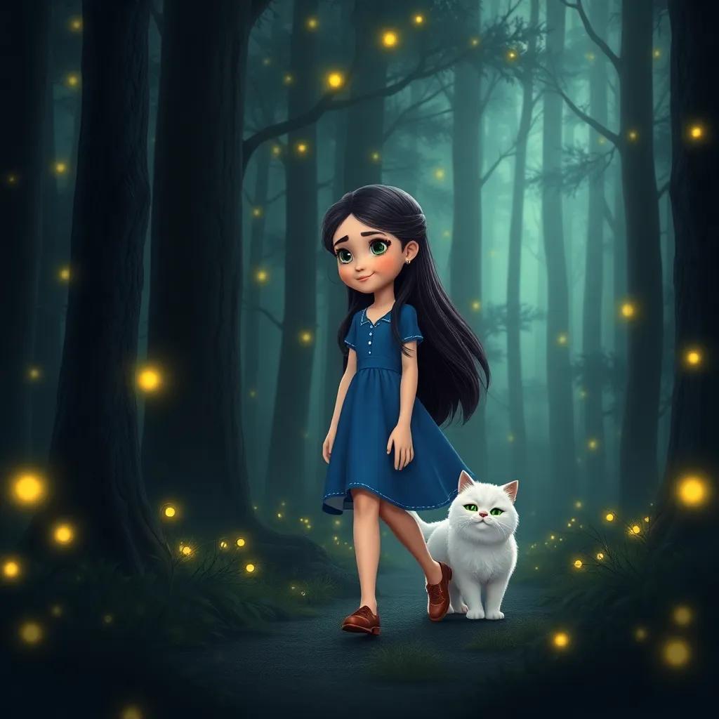Luna, a young girl with long, dark hair in a blue dress, walking with her fluffy white cat named Milo in a dark enchanted forest, tall trees around them with glowing fireflies, soft light, whimsical, adventure atmosphere, high quality