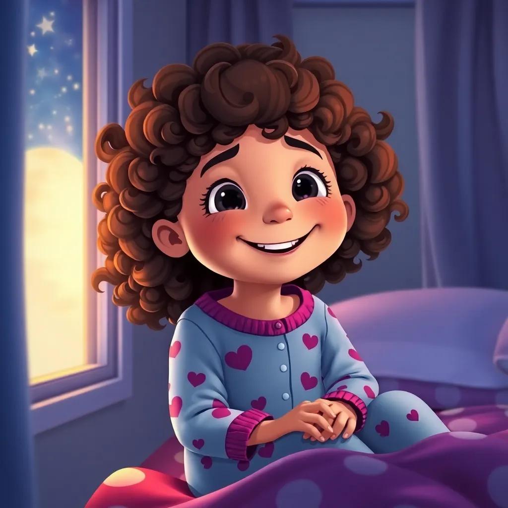 A joyful young girl, Luna, with curly hair and wearing a cozy pajamas, sitting in her bedroom, gazing at the twinkling stars outside her window, moonlight softly illuminating the room, vibrant colors, whimsical atmosphere