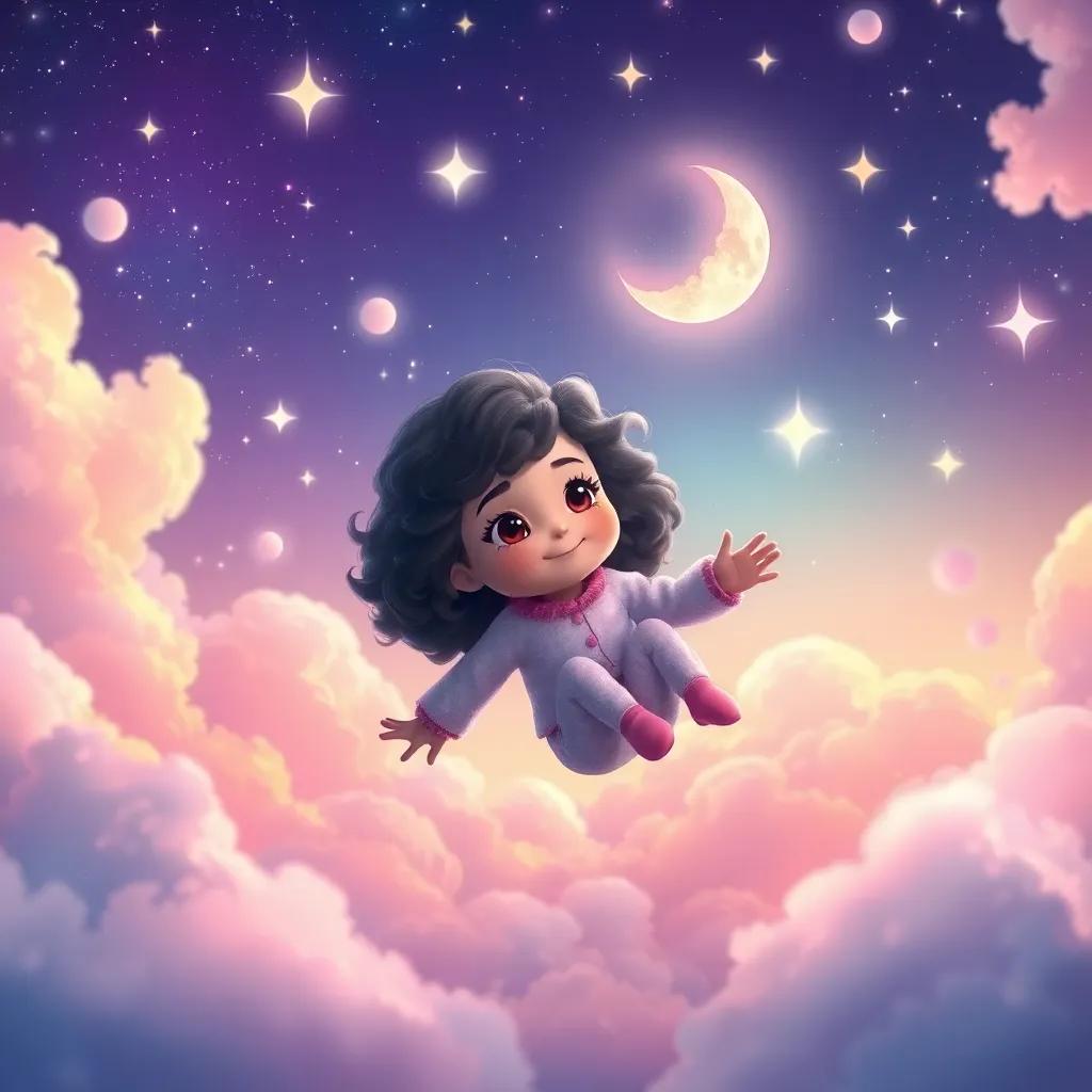 Luna, a young girl with curly hair in cozy pajamas, floating in a beautiful starry sky, surrounded by colorful rainbow clouds, with sparkling stars dancing around her, enchanting and magical, vibrant colors, fairy tale setting