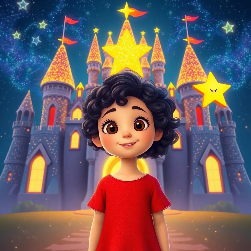 Luna, a young girl with curly hair, standing in front of a grand castle made of stardust, with glowing stars and a friendly star, Twinkle, who has a bright smile, colorful and whimsical, fantasy art style, delightful and inviting