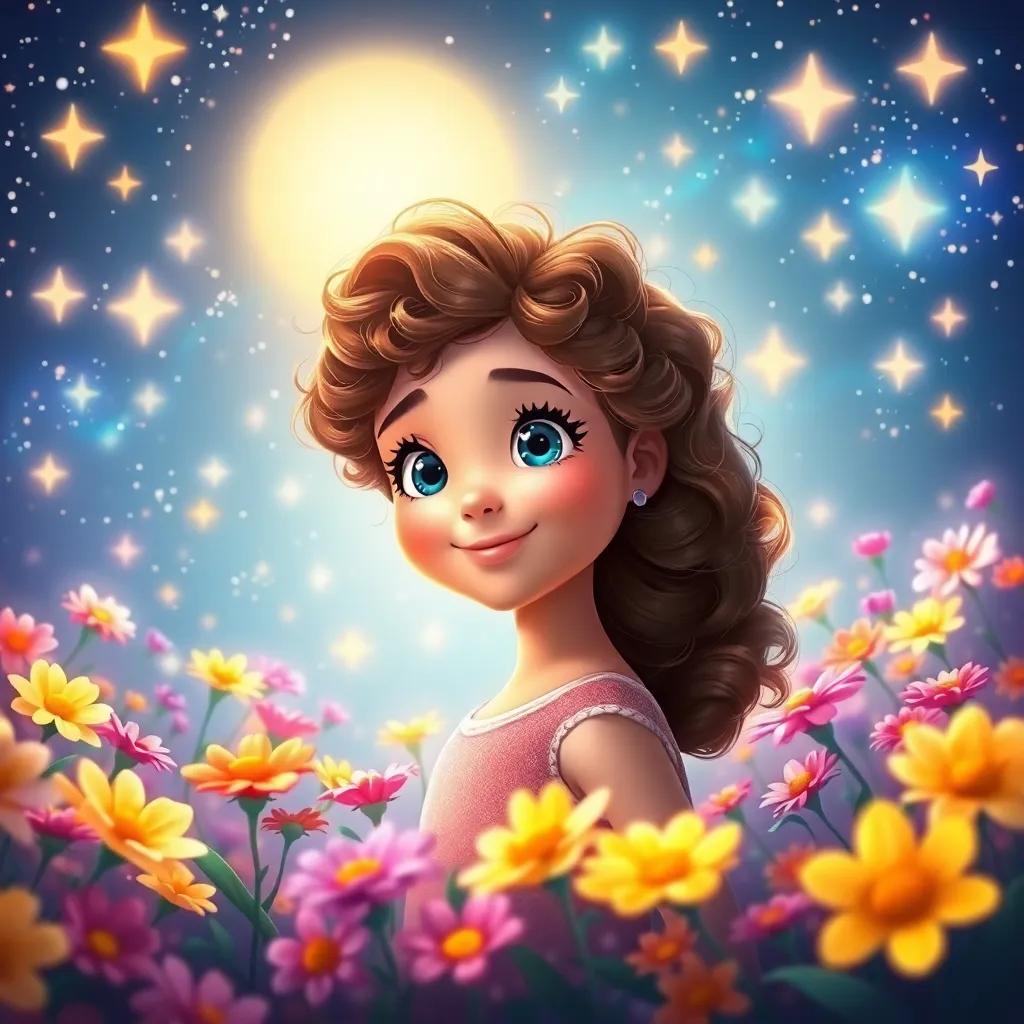 Luna, a young girl with curly hair, in a magical Star Garden, surrounded by dreamy flowers of all colors, with stars twinkling in the background, sparkling and joyful, vibrant colors, enchanting scenery