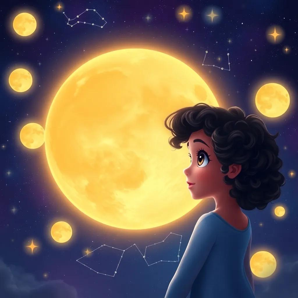 Luna, a young girl with curly hair, speaking to a wise constellation, Orion, who has a friendly face, set among glowing moons and twinkling stars, insightful and magical, colorful cosmic setting