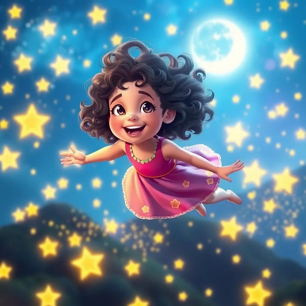 Luna, a young girl with curly hair, joyfully flying through the Valley of Wishes, surrounded by twinkling stars and glowing wishes, magical atmosphere, bright and colorful, dreamy adventure