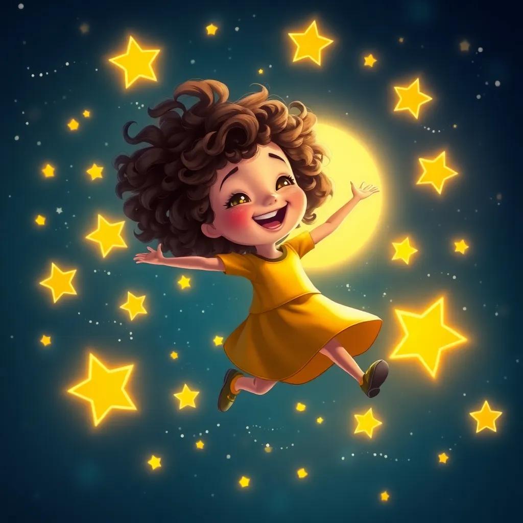 Luna, a young girl with curly hair, spinning joyfully among the stars, feeling warmth in her heart, with twinkling stars all around her, vibrant celebration of courage, cheerful and uplifting