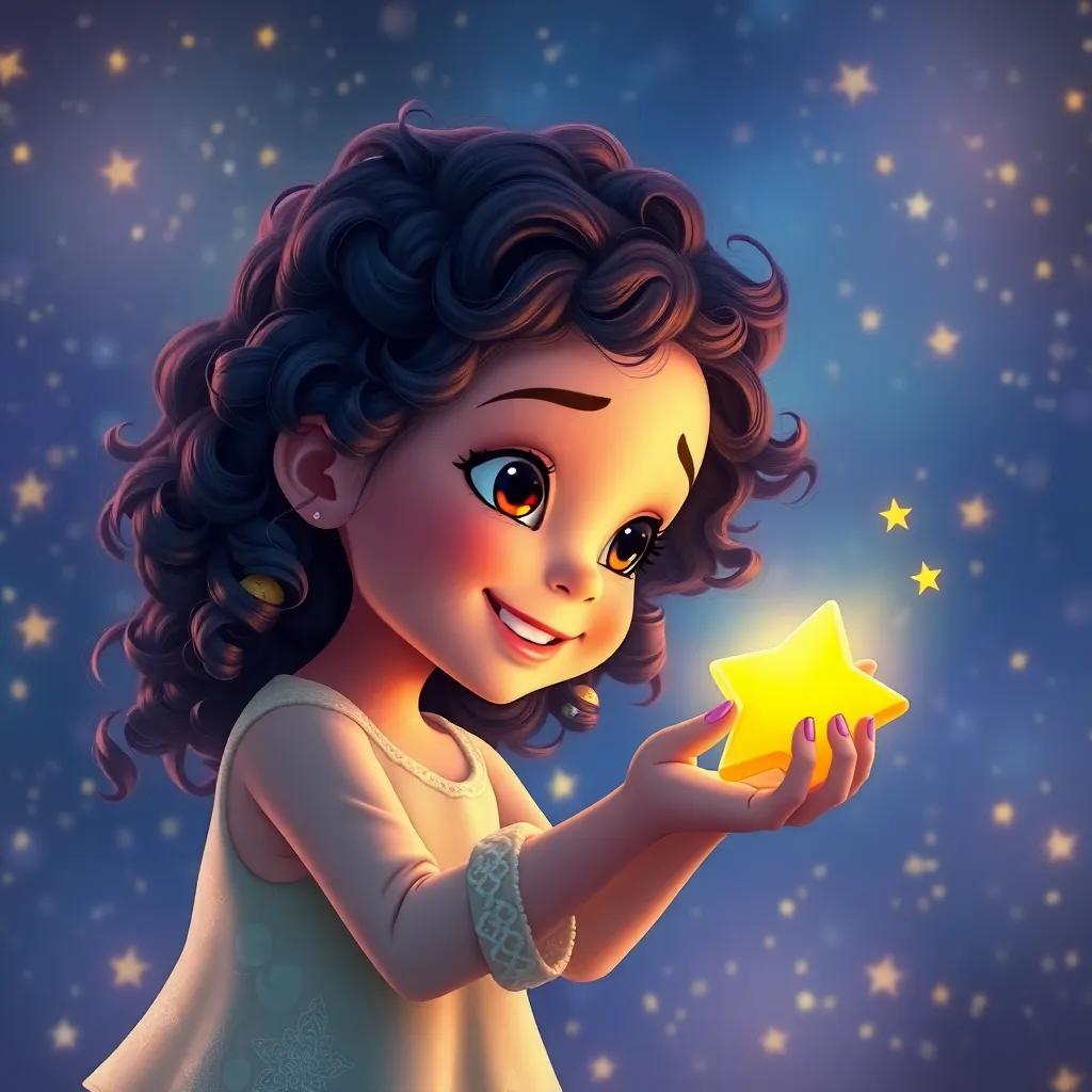 Luna, a young girl with curly hair, receiving a tiny star charm from Twinkle, the friendly star, inside a shimmering celestial setting, magical atmosphere, heartwarming and joyful, vibrant colors