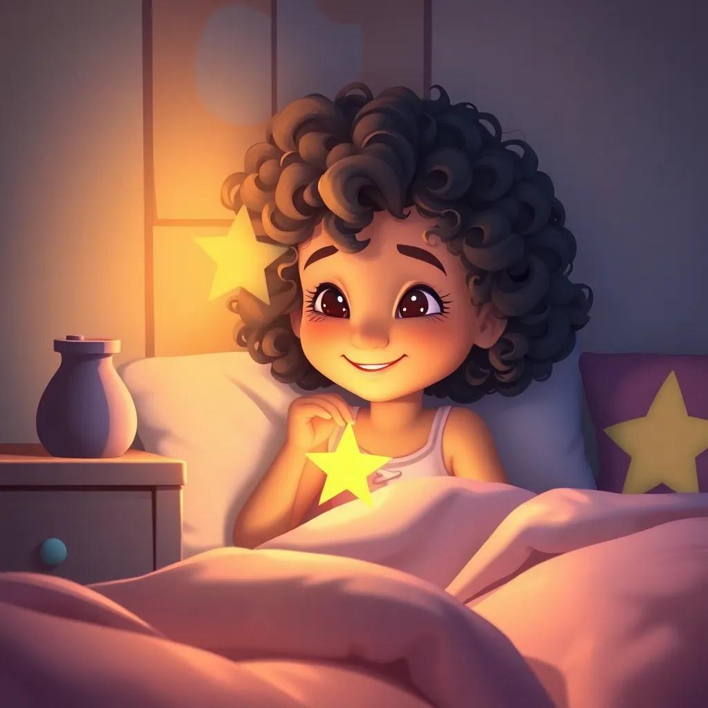 Luna, a young girl with curly hair, in her cozy bedroom, smiling at the star charm on her bedside, filled with hope and dreams, soft warm colors, uplifting and dreamy