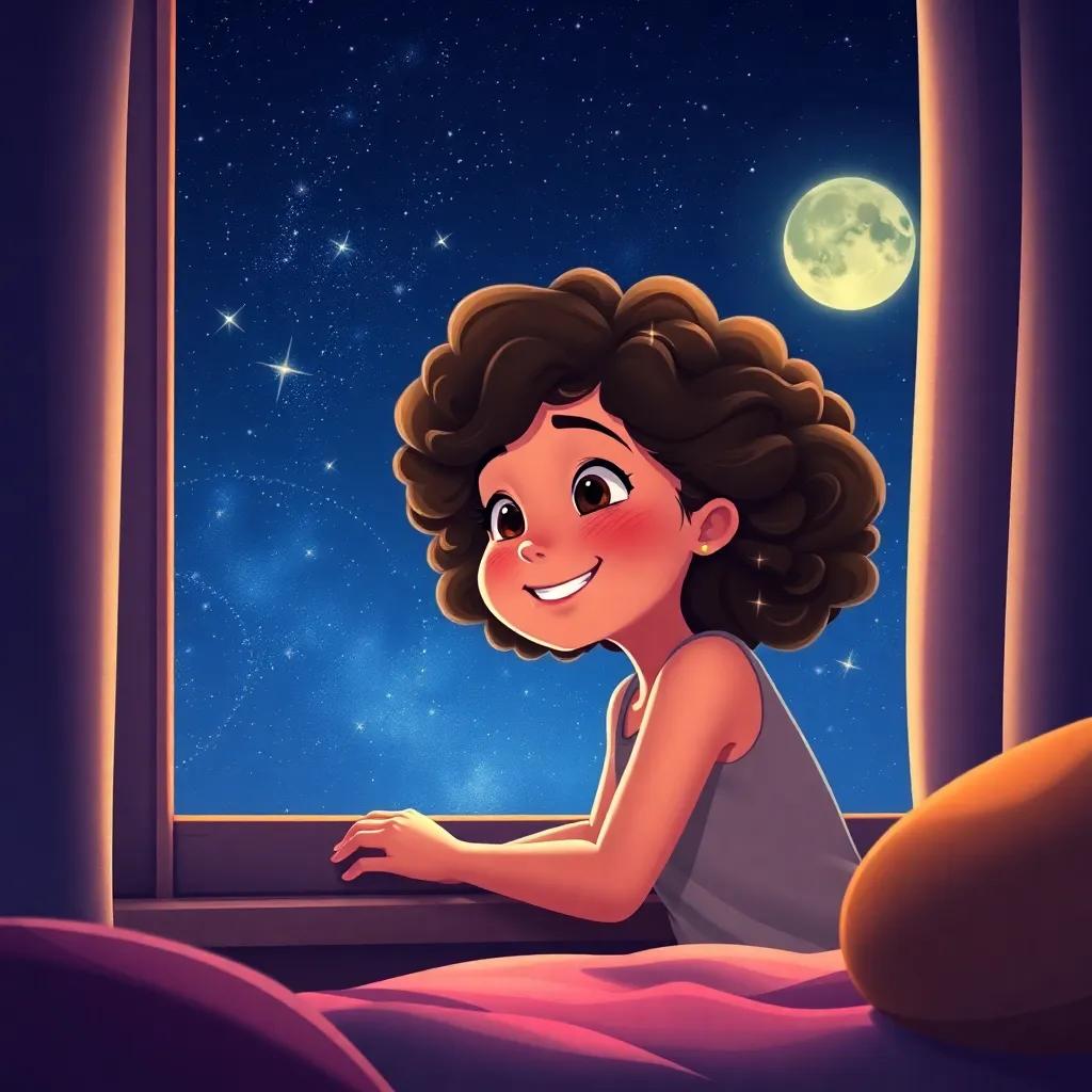 Luna, a young girl with curly hair, happily looking out her bedroom window at a starry night, with a content smile, reflecting a sense of courage and adventure, magical night sky, vibrant and inspiring
