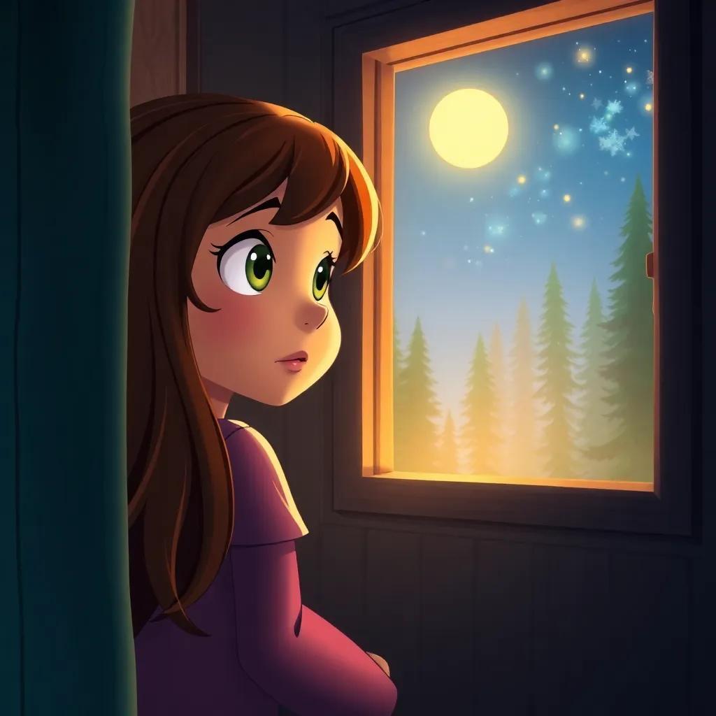 A curious girl named Luna with bright eyes and long brown hair, gazing out of her window at a glowing light in the forest, night sky, digital art, warm glow, enchanting atmosphere, whimsical perspective, high quality