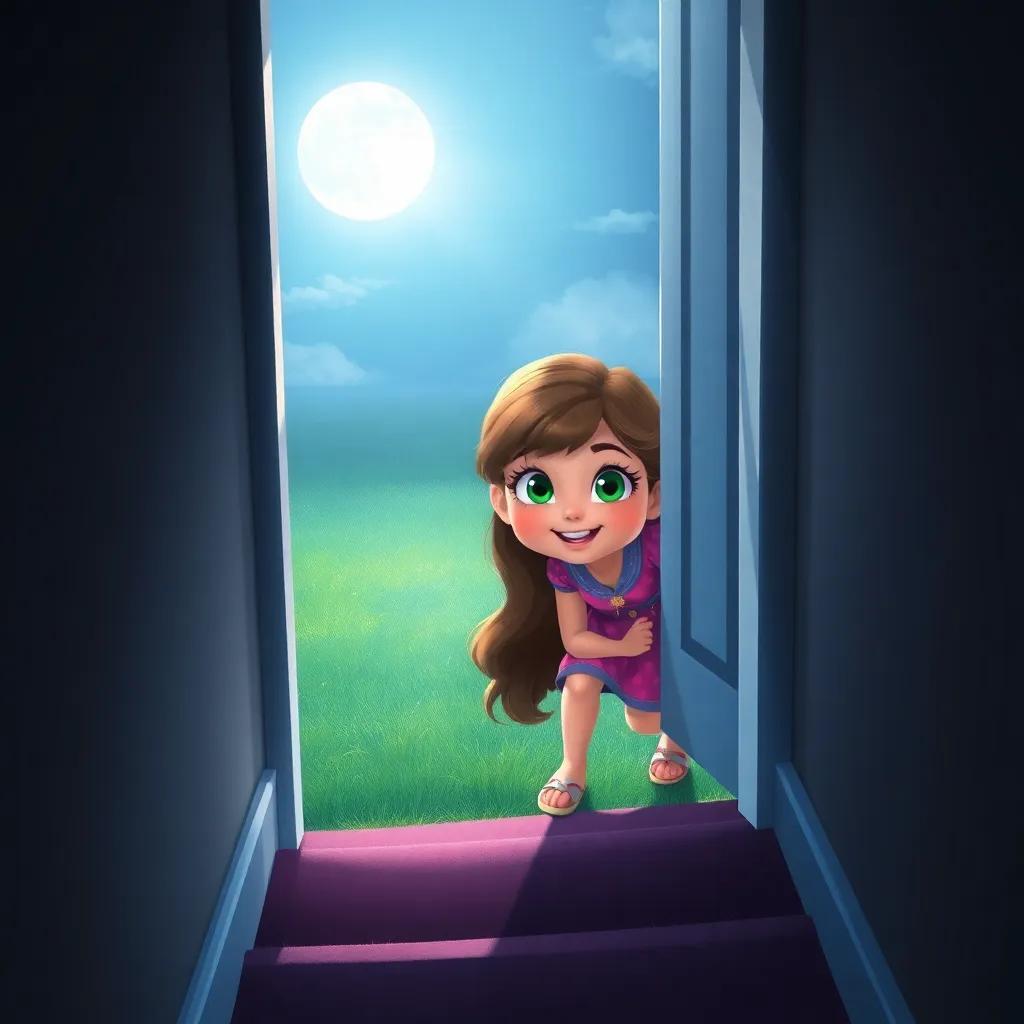 Luna, a curious girl with bright eyes and long brown hair, tiptoeing down stairs and opening a door to a cool grassy yard under the moonlight, magical scene, moonlight casting shadows, joyful expression, digital painting, vibrant colors, serene atmosphere