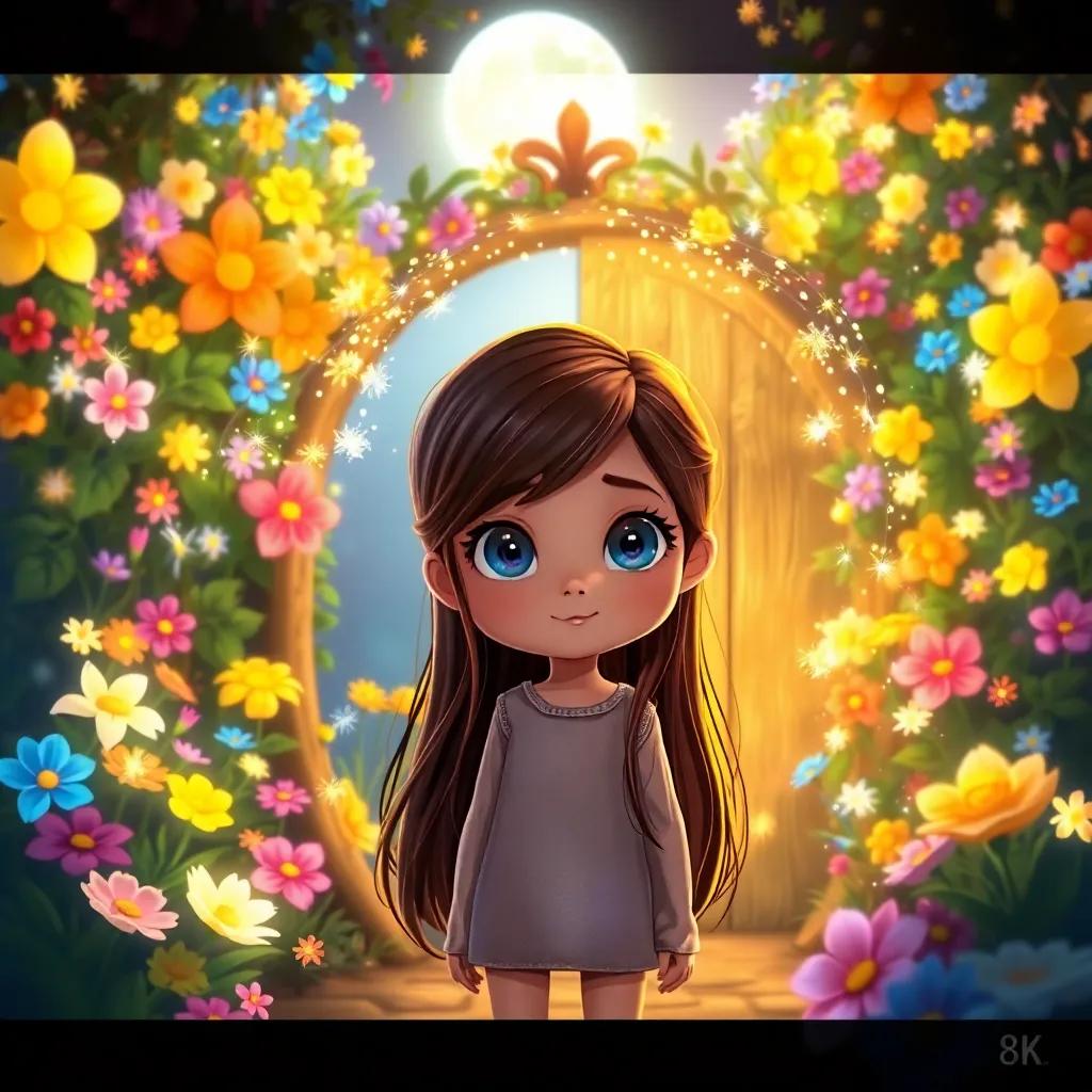 Luna, a curious girl with bright eyes and long brown hair, standing in front of a hidden gate covered in sparkling flowers, shining under the moonlight, whimsical flowers in various colors, joyful tone, detailed artwork, inviting and magical