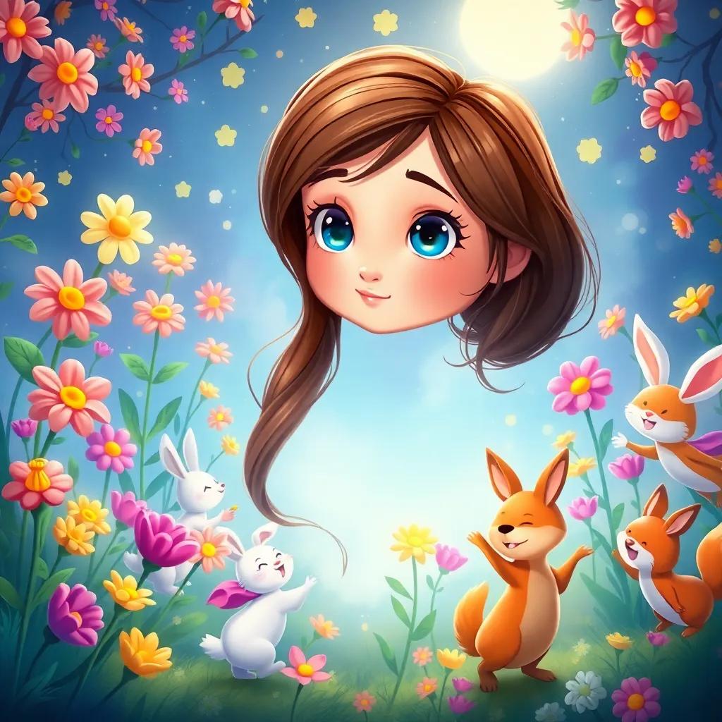 Luna, a curious girl with bright eyes and long brown hair, inside a magical garden with colorful flowers singing and dancing, animals like rabbits and foxes celebrating, vivid colors, joyful dance, digital illustration, enchanted atmosphere, high quality