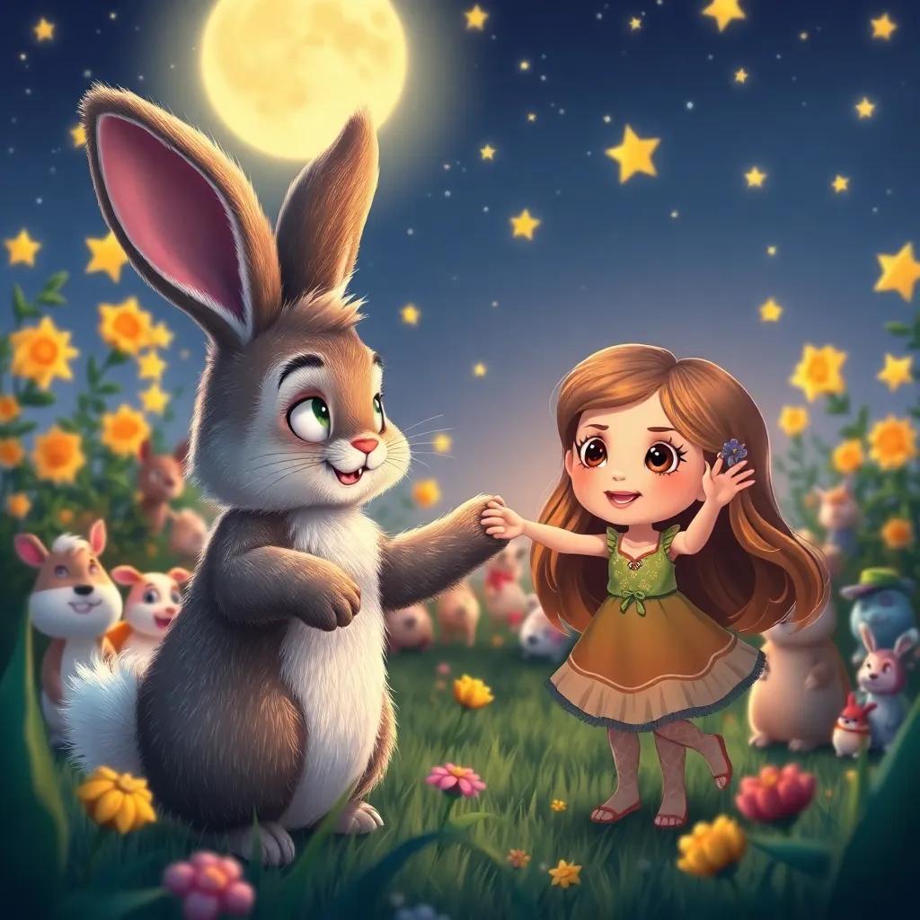 A fluffy-eared bunny with a shiny coat inviting Luna, a curious girl with bright eyes and long brown hair, to dance in the moonlit garden filled with happy animals under the stars, cheerful and lively scene, colorful, detailed art, dynamic perspective, high quality