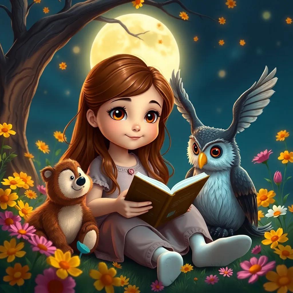Luna, a curious girl with bright eyes and long brown hair, sitting with dancing animals as a wise old owl sharing magical stories, cozy scene in the moonlit garden, colorful flowers around, warm and inviting, breathtaking imagery, digital art, cheerful atmosphere