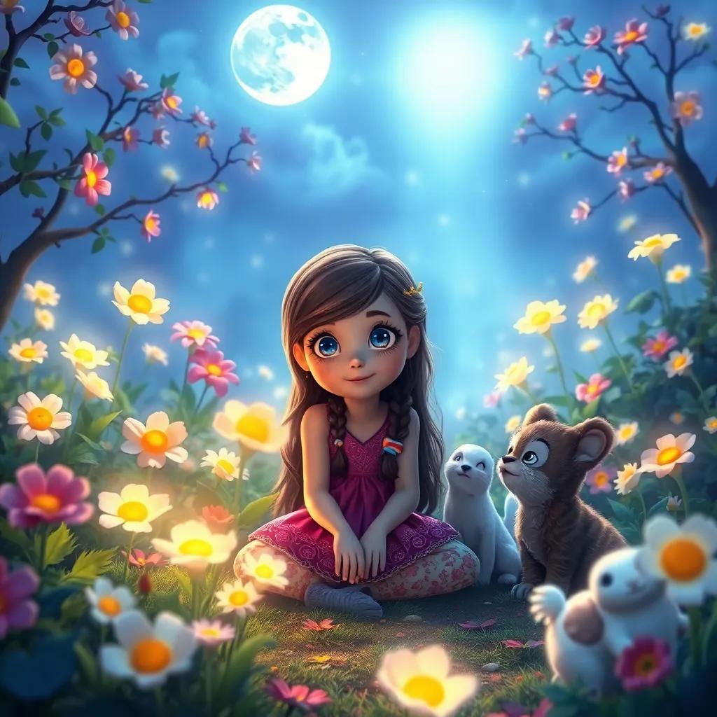 A magical moonlit garden with flowers glowing brightly as Luna, a curious girl with bright eyes and long brown hair, sits with animals, enchanting moonlight shining down, vivid scenery, storybook style, magical realism, whimsical