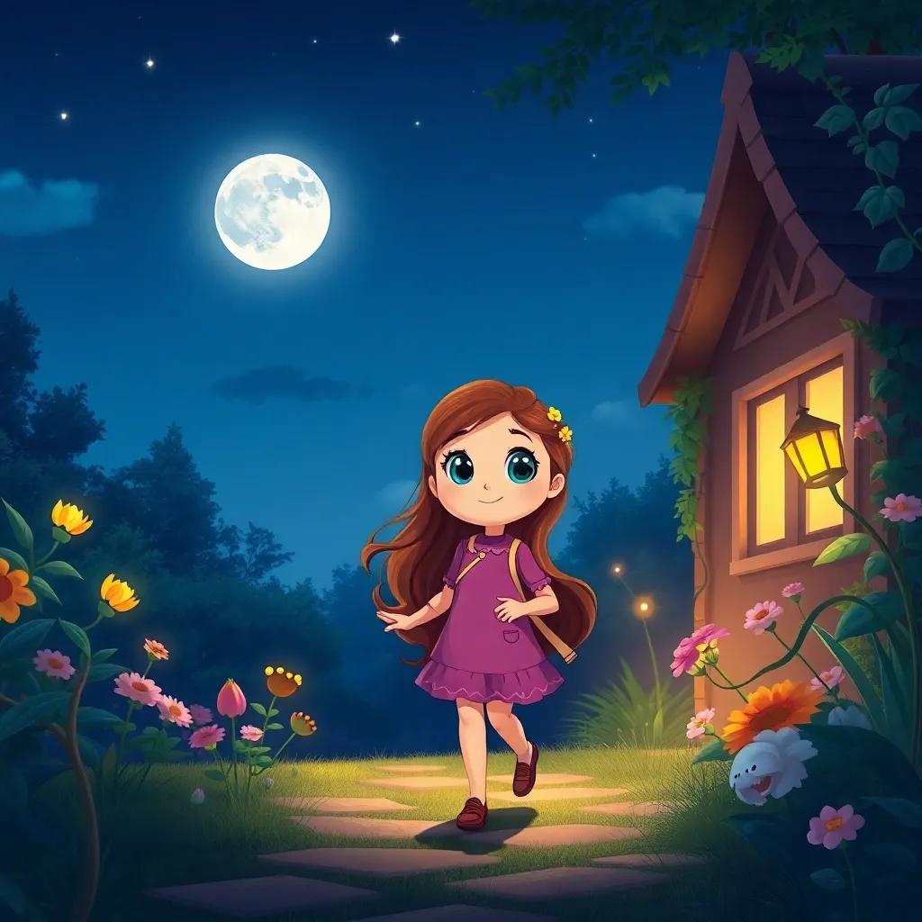 Luna, a curious girl with bright eyes and long brown hair, walking back home after her adventure in the moonlit garden, the moon shining brightly in the night sky, peaceful and joyful expression, rich colors, warm glow, dreamy atmosphere, illustration