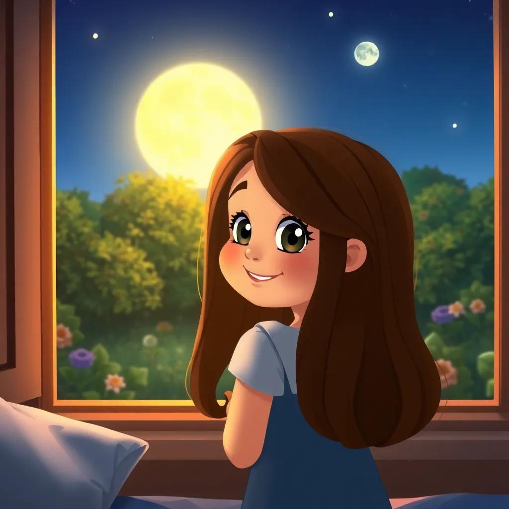 Luna, a curious girl with bright eyes and long brown hair, standing at her bedroom window looking back at the moonlit garden, smiling with happiness, soft light illuminating her face, night sky, charming digital art, heartwarming scene