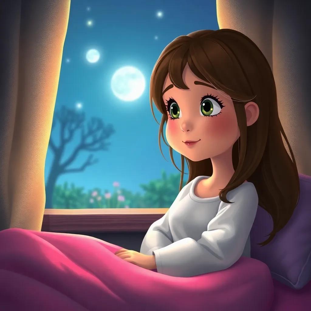 Luna, a curious girl with bright eyes and long brown hair, dreaming of her next visit to the moonlit garden in the cozy warmth of her bed, gentle moonlight coming through the curtains, imaginative vibe, thoughtful digital art, tender moment