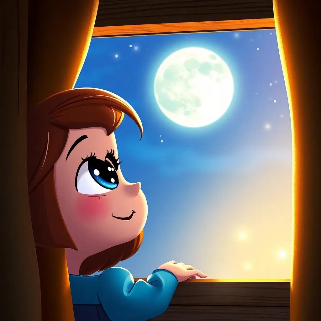 A curious girl, Luna, with bright eyes and a cheerful smile, looking out of her window at a shimmering moonlit night, detailed digital art, warm colors, inviting atmosphere, high quality
