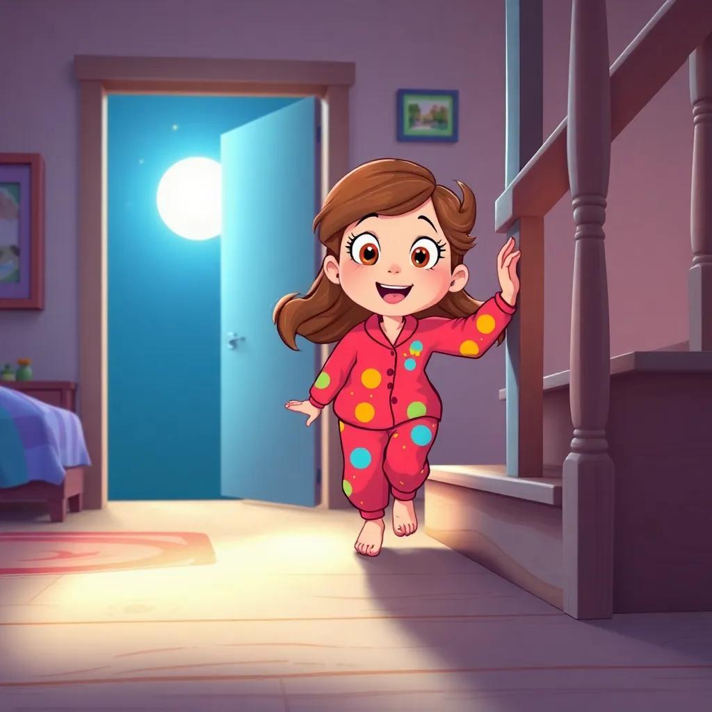Luna, a cheerful girl in colorful pajamas, tiptoeing down wooden stairs with a surprised expression, moonlight glowing at the open door, illustration, cozy bedroom scene, child-friendly