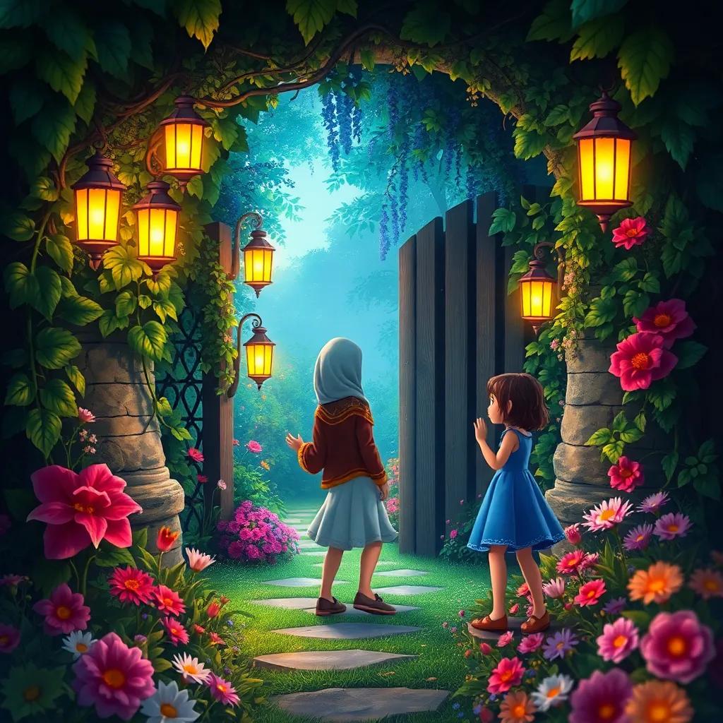 Luna discovering a hidden garden through a small gate covered in vines, lanterns glowing softly, a magical entrance filled with flowers, digital painting, vibrant colors, enchanting ambiance, high quality