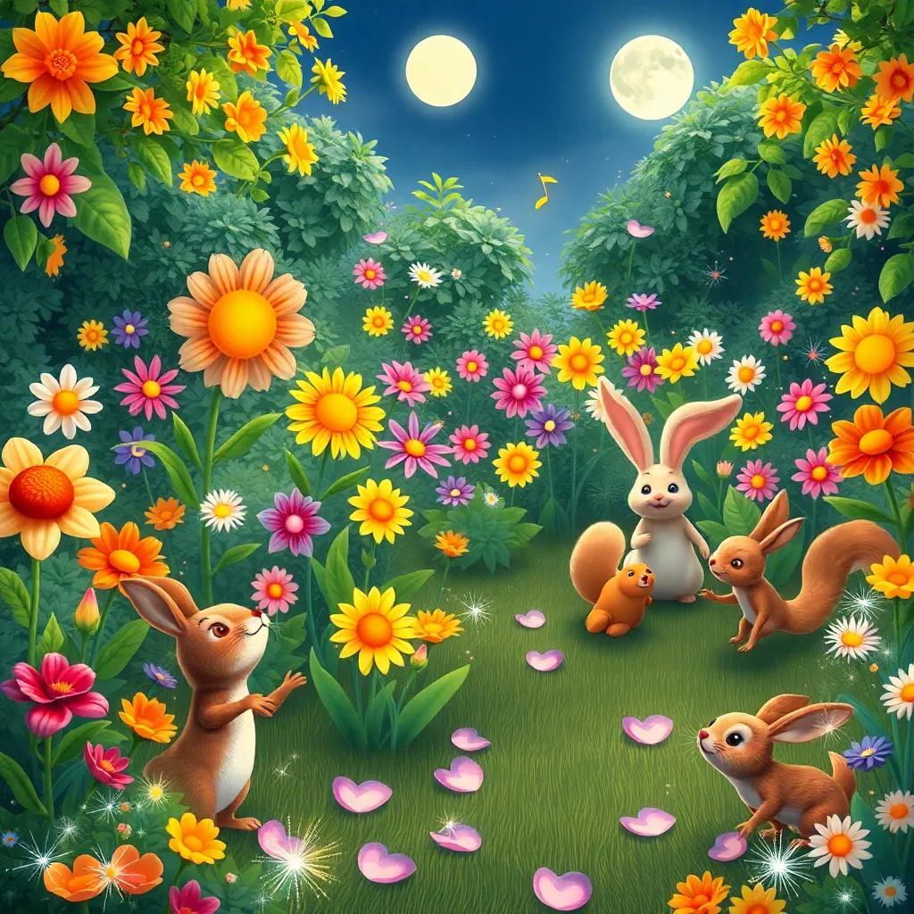 A colorful garden filled with singing flowers and dancing animals, including rabbits and squirrels, with sparkling petals under moonlight, whimsical style, joyful scene, rich details, child-themed