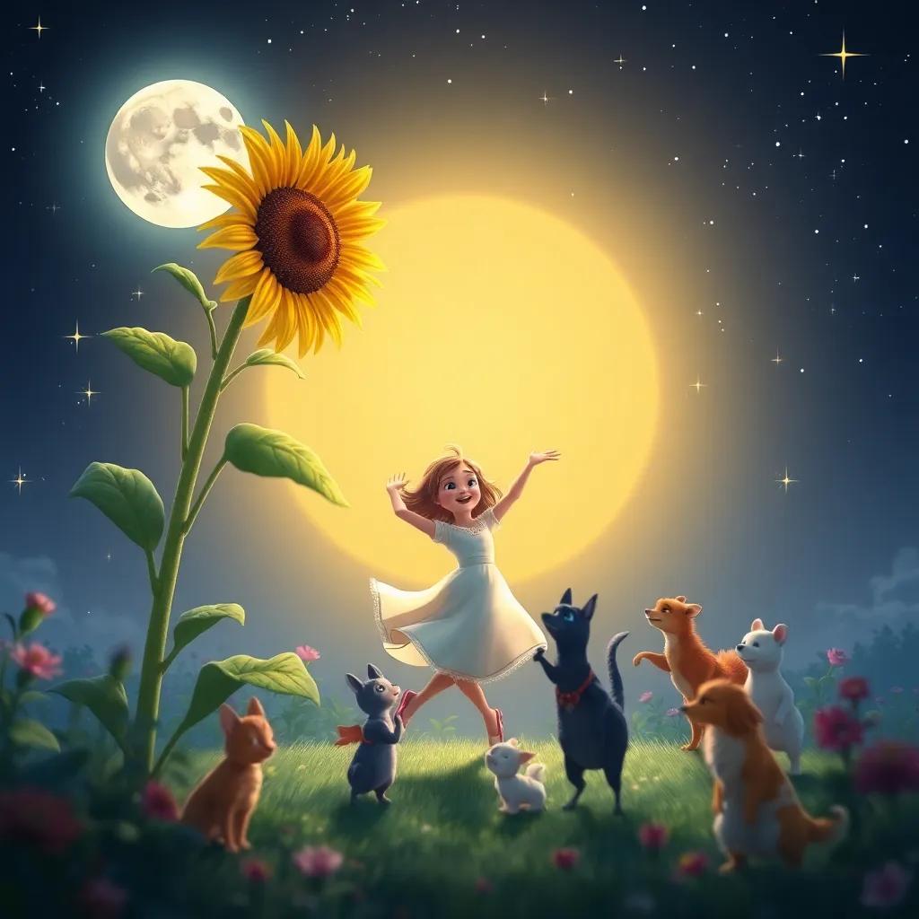 Luna dancing with animals in the garden, with a tall sunflower leaning down to her, surrounded by twinkling stars and gentle moonlight, joyful atmosphere, captivating scene, high quality