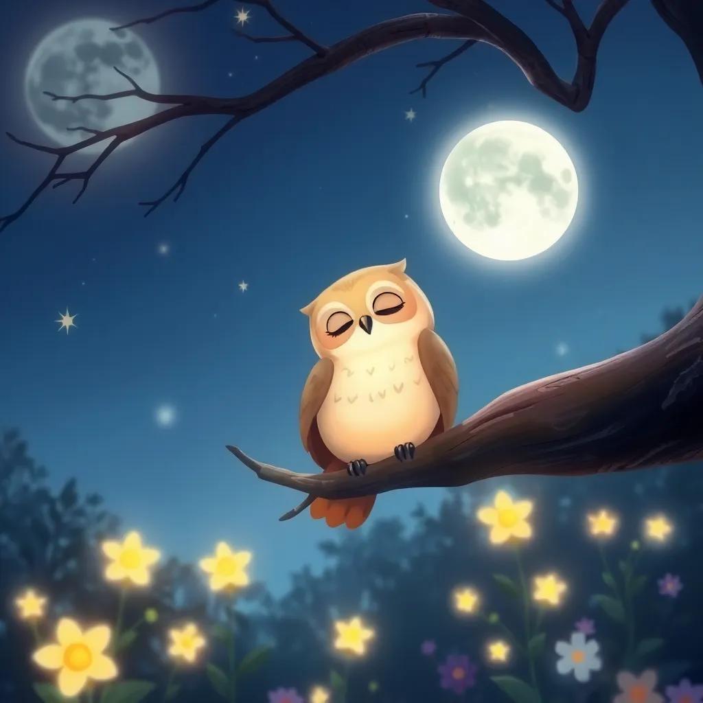 A gentle owl perched on a tree branch, hooting softly to Luna in the moonlit garden, with glowing flowers and twinkling stars around them, digital art, peaceful and magical, child-friendly