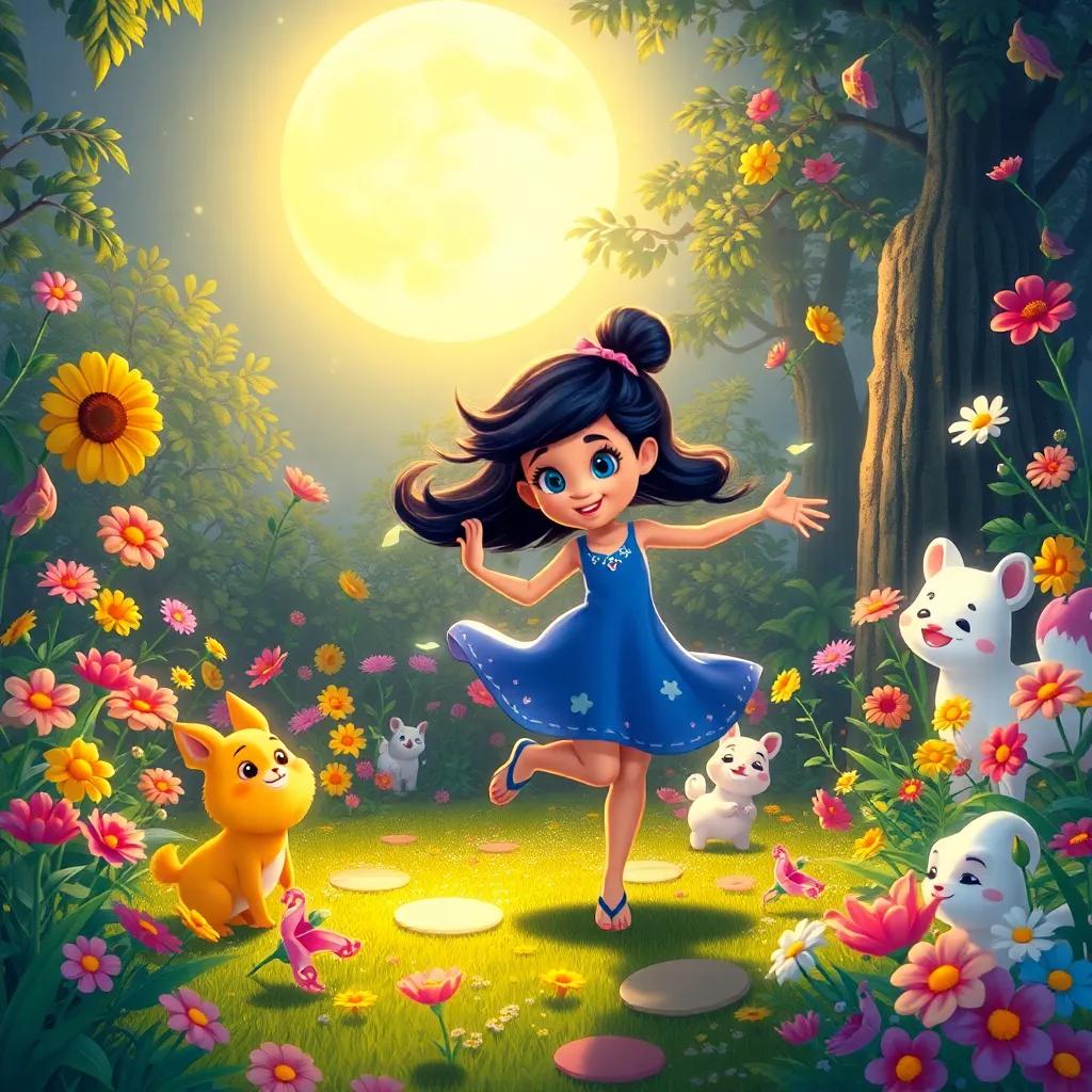 Luna playing and dancing in the magical garden filled with colorful flowers and cheerful animals, with warm moonlight surrounding her, illustration, joyful and vibrant, high quality