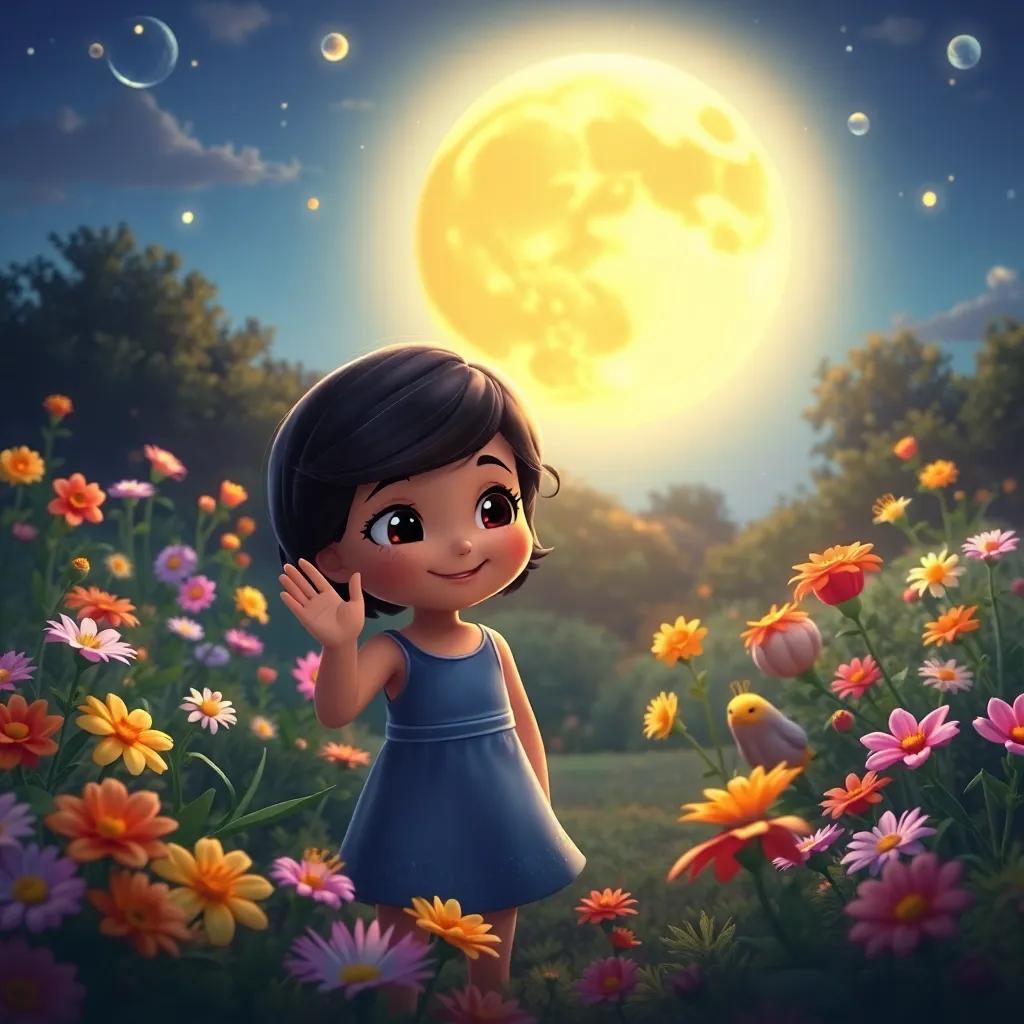 Luna waving goodbye to her new friends in the garden as the moon sets, feeling happy and special, surrounded by magical flowers and cozy moonlight, heartfelt scene, colorful depiction, child-focused