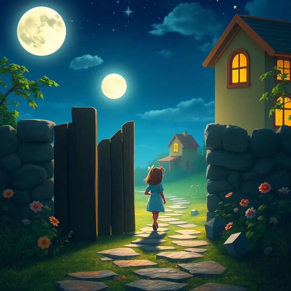 Luna tiptoeing back through the gate to her home, moonlight illuminating her path, a heart full of memories, warm colors, nostalgic and magical ambiance, high quality
