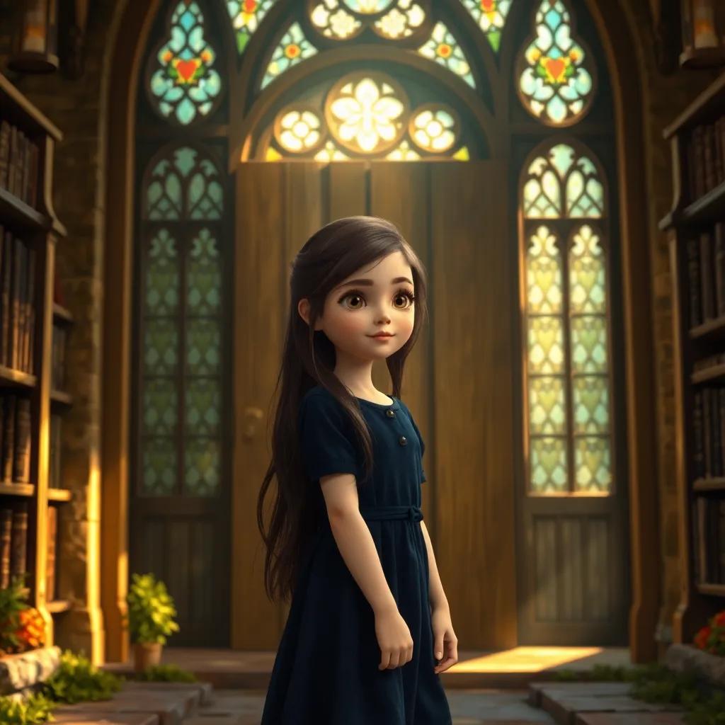 A young girl, Luna Blackthorn, with long, dark brown hair, wearing a navy blue dress, standing in front of the heavy oak door of a village library, sunlight filtering through stained glass windows, enchanting atmosphere, digital art, warm tones, inviting, highly detailed