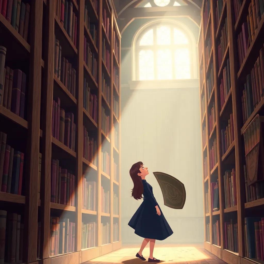 Luna Blackthorn, a young girl with long, dark brown hair in a navy blue dress, exploring the library's tall oak shelves filled with ancient books, soft light illuminating dust motes, hint of magic in the air, illustration, vibrant colors, whimsical, detailed