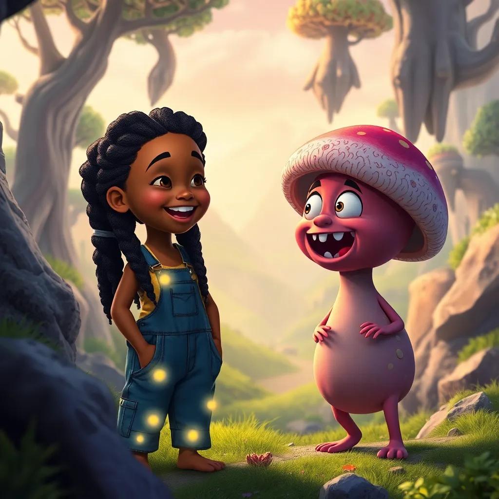 Luna, a 7-year-old Black girl with glowing braids and overalls stuffed with seeds, laughing as a silly Grumbletrunk creature with a mushroom shape tells a joke, in a hidden valley with upside-down trees and floating rocks, bright colors, playful, high quality