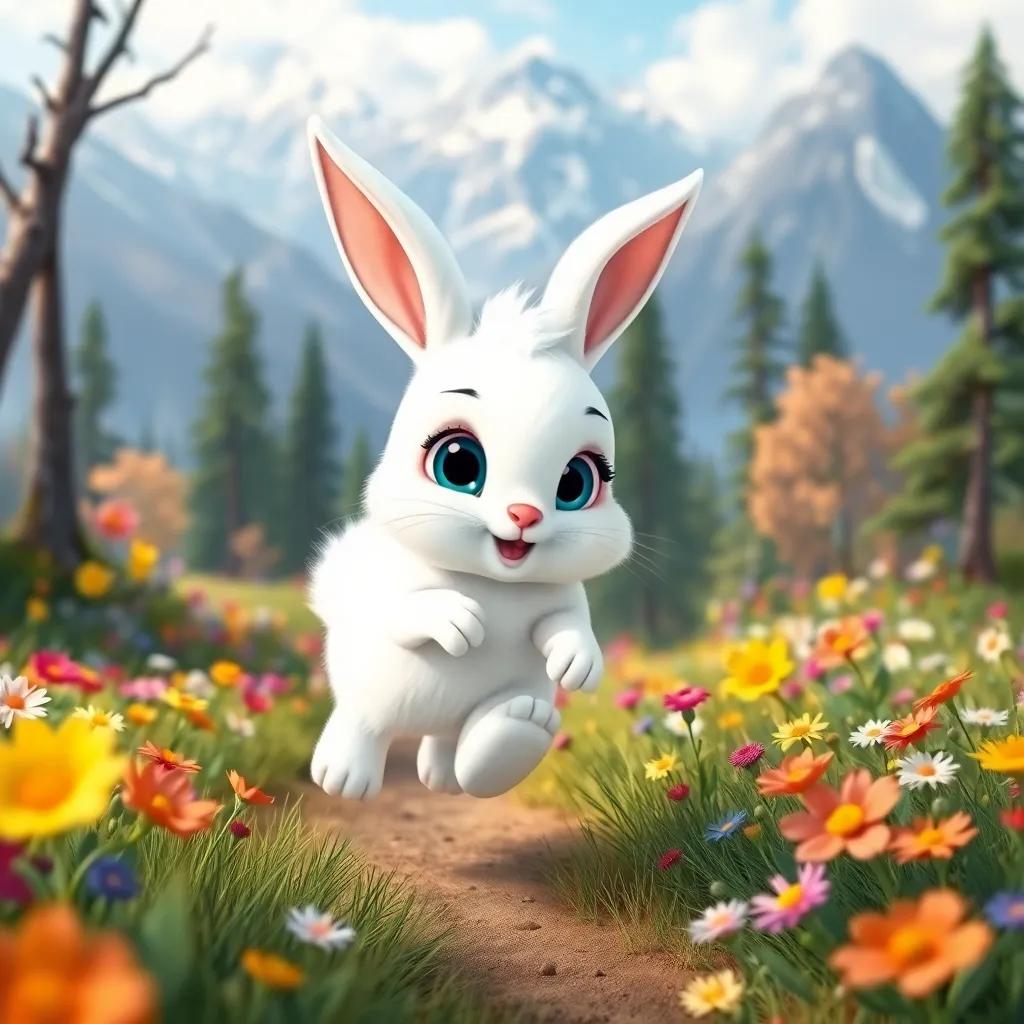 A little white bunny, Luna, with big curious eyes and soft fur, hopping through a colorful flower-filled forest with mountains in the background, cheerful, bright colors, digital art, playful atmosphere, high quality
