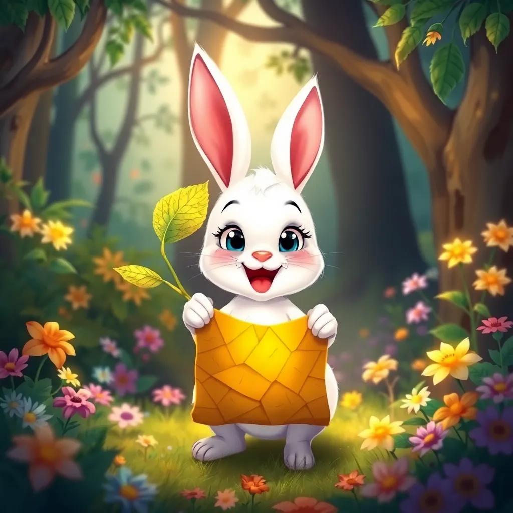 Luna, a little white bunny, holding a yellowed treasure map under a leaf, surrounded by vibrant flowers and trees in the forest, excited expression, magical ambiance, illustration, whimsical style, inviting light, high quality