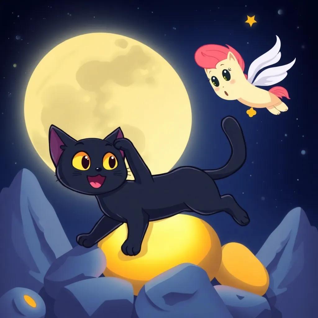 Luna the black cat, playfully pouncing on glowing moon rocks, with Starlight flying joyfully beside her, the moon craters and a starry night background, colorful and fun, cute cartoon style, lively