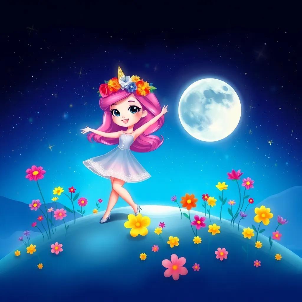 Starlight, with a flower crown made from colorful flowers, twirling around happily with Luna next to her, surrounded by bright flowers in a hidden valley on the moon, colorful and cheerful, delightful, artistic illustration, high quality