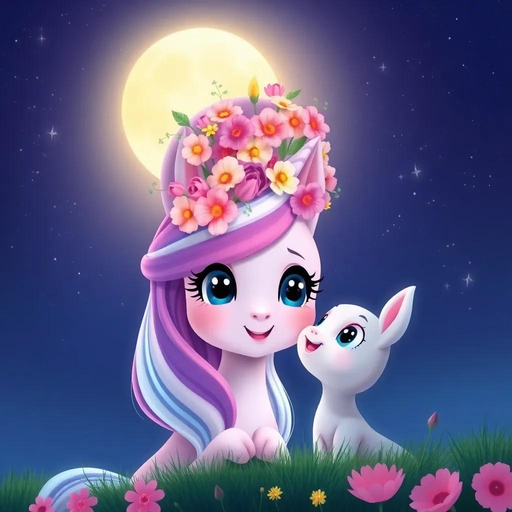 A beautiful crown of flowers being placed on Starlight's head, with Luna looking up happily, set against the backdrop of a moonlit night with starry skies, whimsical and sweet, child-friendly art, detailed