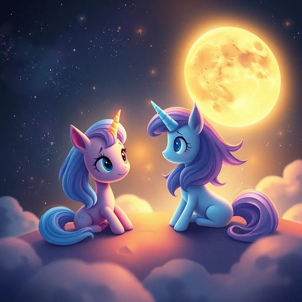 The soft moon winds whispering around Starlight and Luna, with both of them listening intently, moon craters and stars surrounding them, dreamy atmosphere, illustrative and serene, highly colorful, warm light