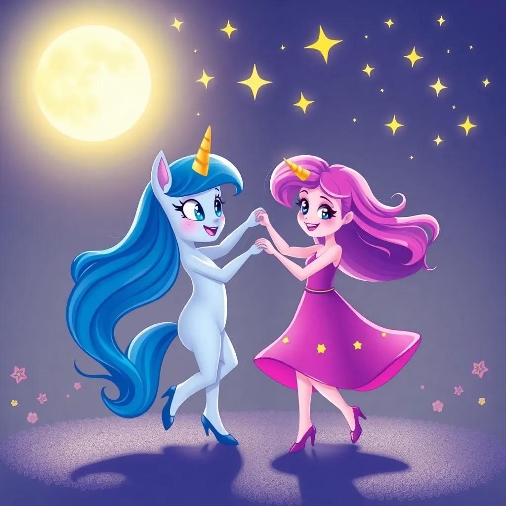 Starlight and Luna dancing together under the soft moonlight, twirling and swirling joyfully, with stars shining brightly overhead and a whimsical background, magical scene, vibrant colors, child-friendly illustration