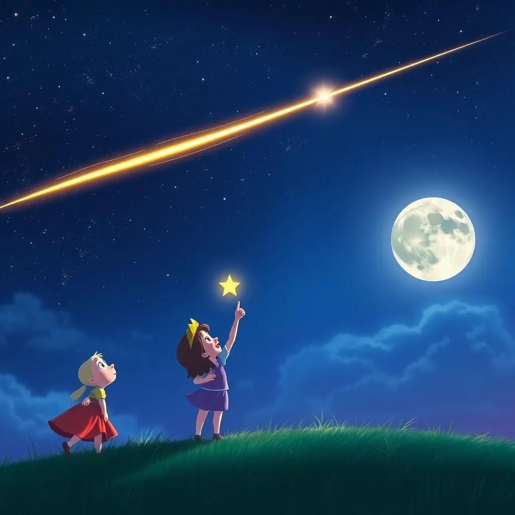 A shooting star streaking across the night sky, with Luna and Starlight gazing up and pointing in wonder, with a beautiful moon backdrop, colorful and bright, enchanting atmosphere, artistic illustration, quality detail